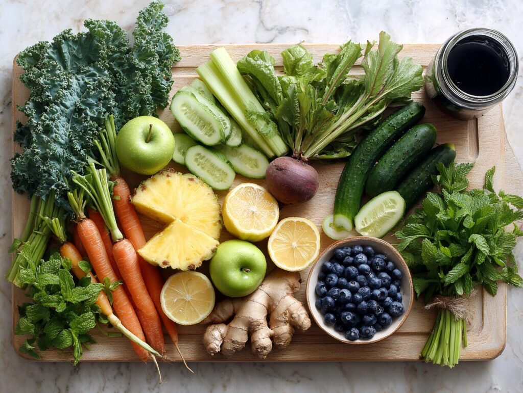 Fresh produce ingredients for juicing recipes for weight loss including kale cucumber celery ginger and citrus