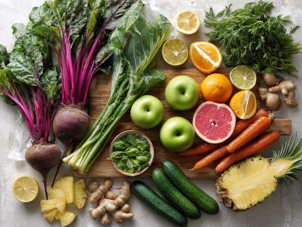 Fresh produce ingredients for juice cleanse recipes including beets kale celery carrots citrus ginger and turmeric