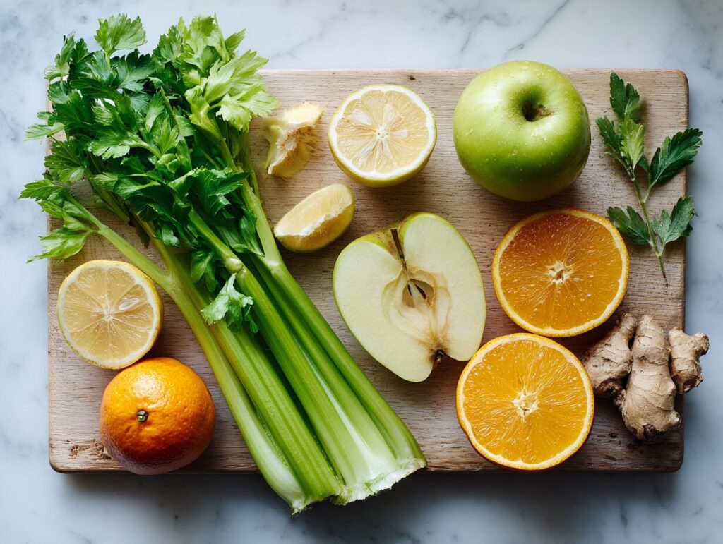 Ingredients for celery fruit juice recipe including celery stalks apple orange ginger and lemon