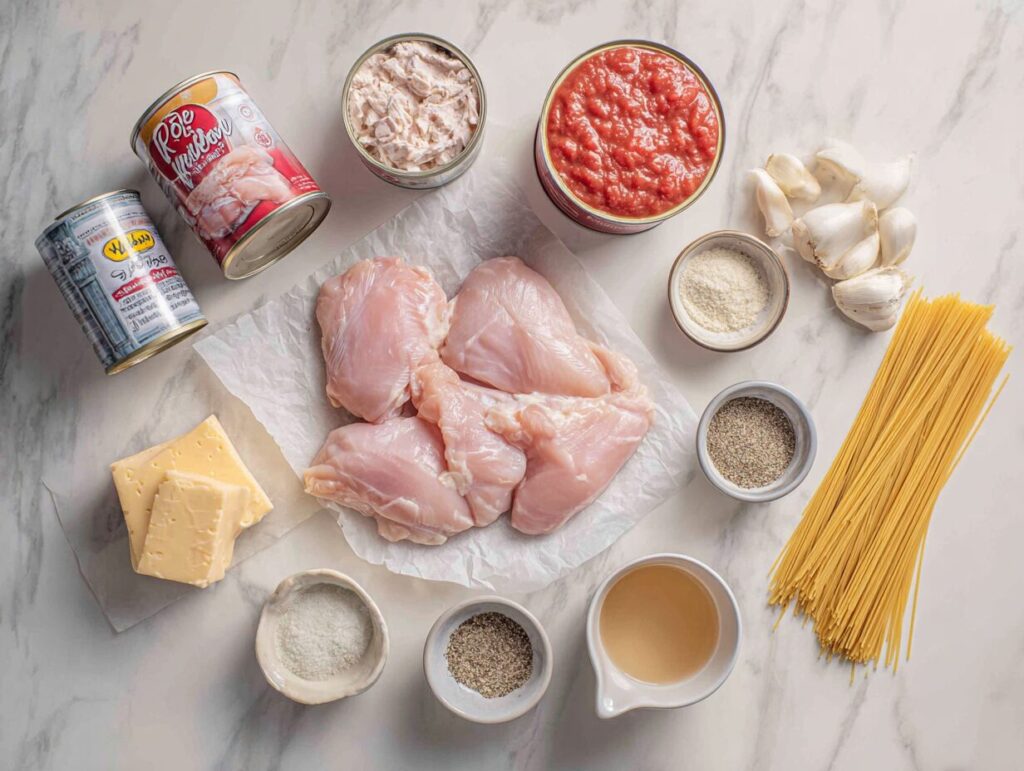 Ingredients for crockpot chicken spaghetti including chicken breasts Velveeta Ro-Tel and spaghetti noodles
