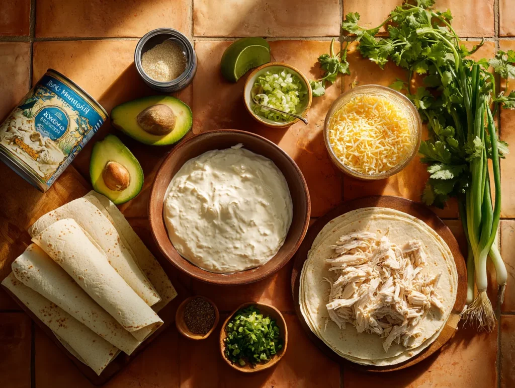Ingredients for sour cream chicken enchilada recipe including sour cream cream of chicken soup green chiles chicken and cheese