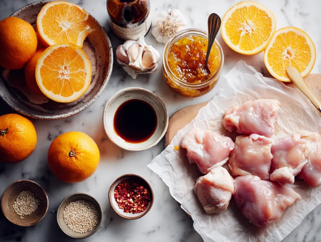 Ingredients for crockpot orange chicken including chicken thighs orange marmalade barbecue sauce soy sauce and garlic