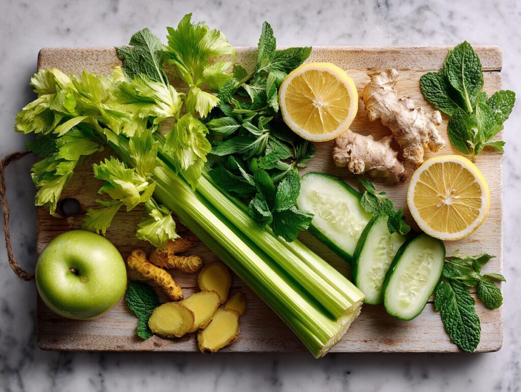 Ingredients for celery juice recipe including celery stalks lemon ginger apple cucumber and mint