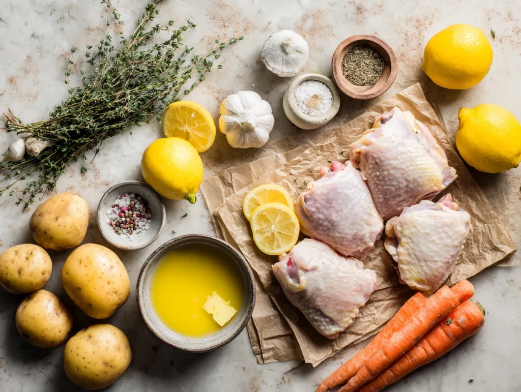 Fresh ingredients for crockpot lemon chicken including chicken thighs lemons butter garlic herbs and spices