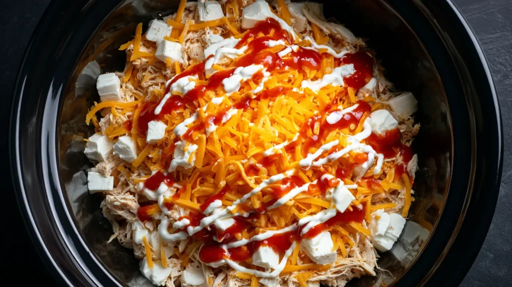 Raw ingredients for slow cooker buffalo chicken dip arranged inside the ceramic basin before cooking.