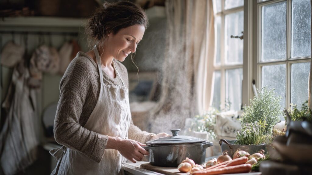 Woman making chicken stock recipe on Sunday morning, lifting Dutch oven lid with steam rising in cozy kitchen