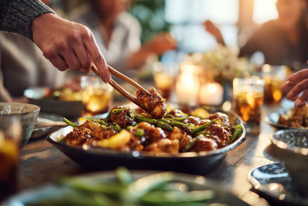 A family using tongs to serve themselves a generous portion of a homemade mall-style bourbon chicken recipe at dinner.