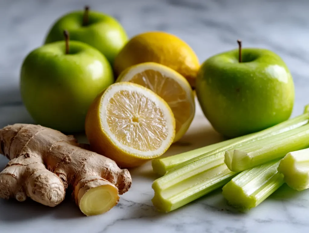 Beet juice recipe ingredients — fresh beets, ginger, apple, lemon on marble surface