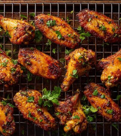 Perfectly crispy baked chicken wings in oven arranged on a wire rack over a baking sheet, garnished with fresh parsley.