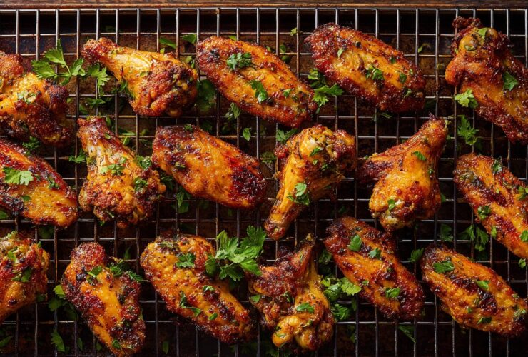 Perfectly crispy baked chicken wings in oven arranged on a wire rack over a baking sheet, garnished with fresh parsley.