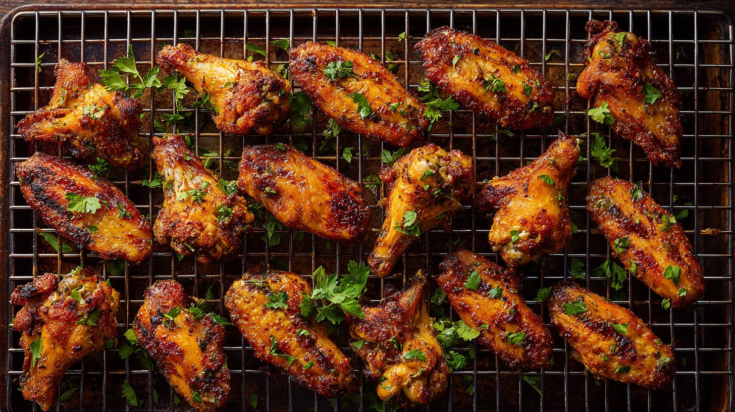 Perfectly crispy baked chicken wings in oven arranged on a wire rack over a baking sheet, garnished with fresh parsley.