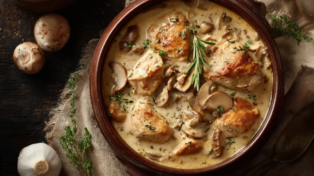 Ingredients for chicken and cream of mushroom slow cooker laid out on a wooden board including chicken, mushrooms, soup, and seasonings