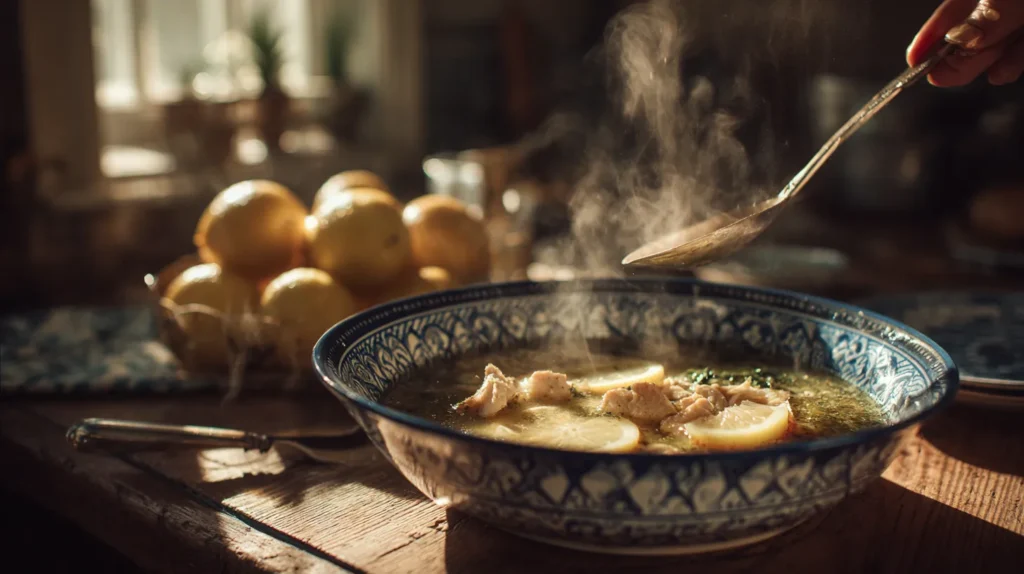 Greek lemon chicken soup being served at a dining table
