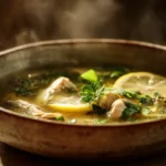 Greek lemon chicken soup finished dish featuring a creamy yellow broth and fresh dill