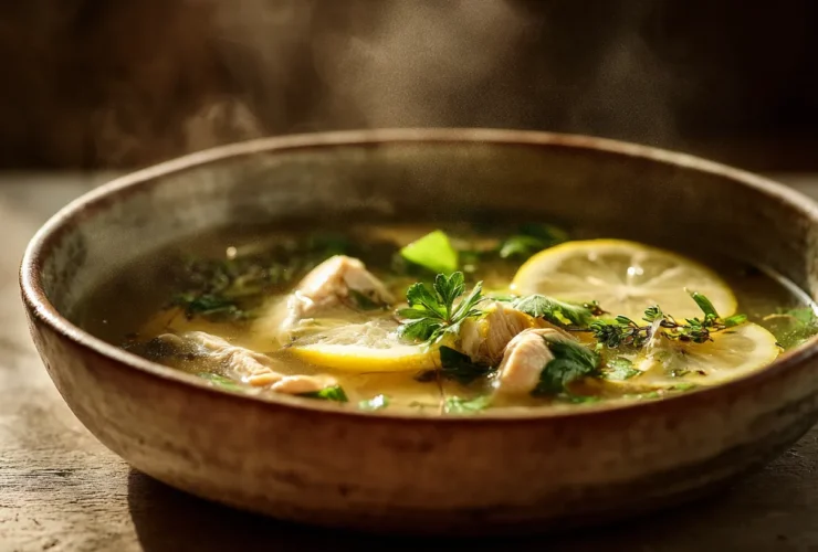 Greek lemon chicken soup finished dish featuring a creamy yellow broth and fresh dill