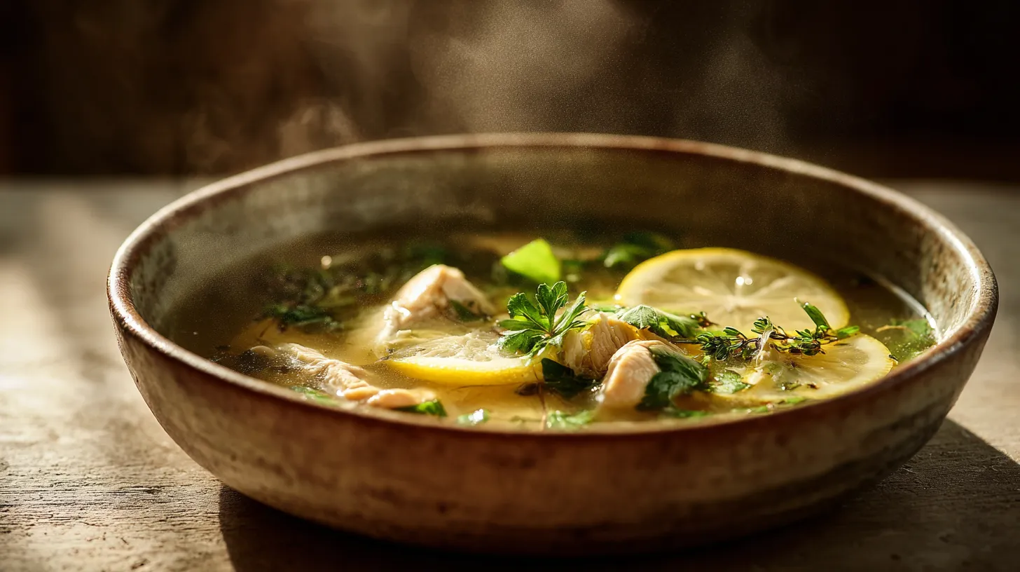 Greek lemon chicken soup finished dish featuring a creamy yellow broth and fresh dill