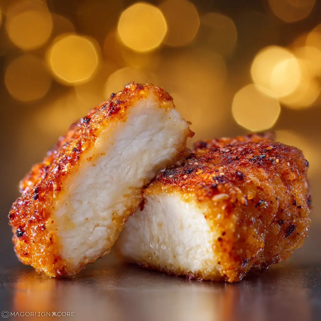 Close up of the juicy interior texture of a homemade chick fil a grilled nugget