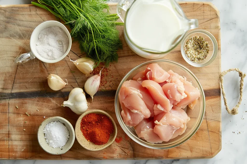 Raw ingredients for copycat chick fil a grilled nuggets including pickle juice and spices