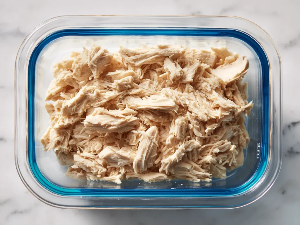 Clear glass container holding fresh shredded cooked chicken on a marble counter.