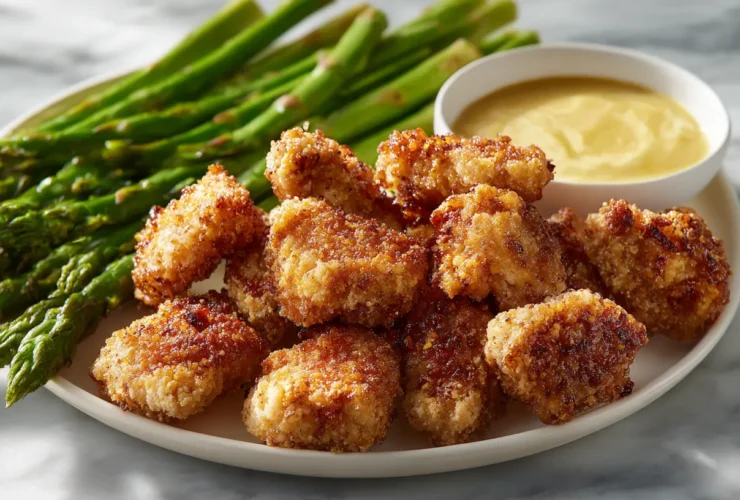 8-count plate of healthy chick fil a grilled nuggets with asparagus and honey mustard