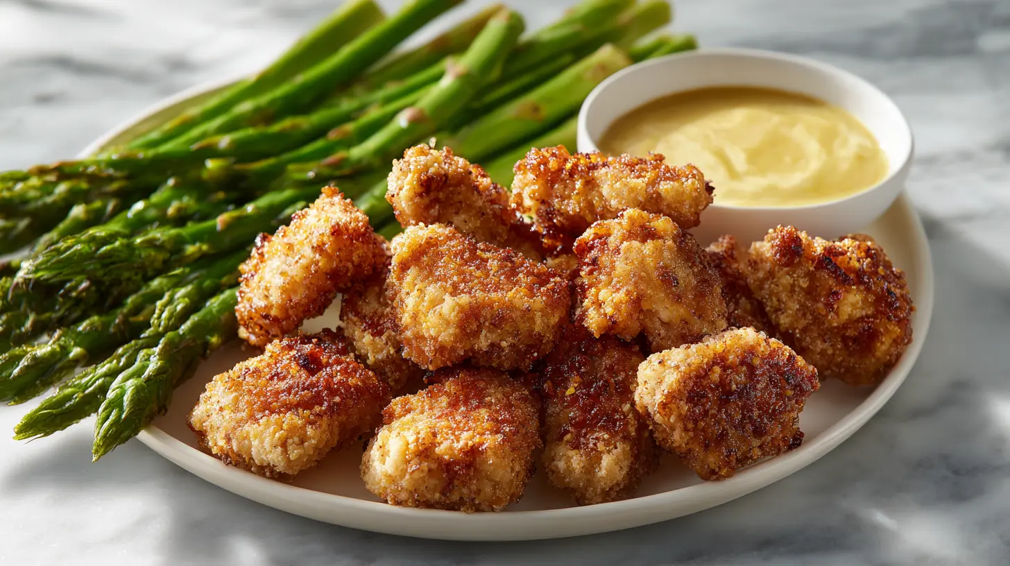 8-count plate of healthy chick fil a grilled nuggets with asparagus and honey mustard