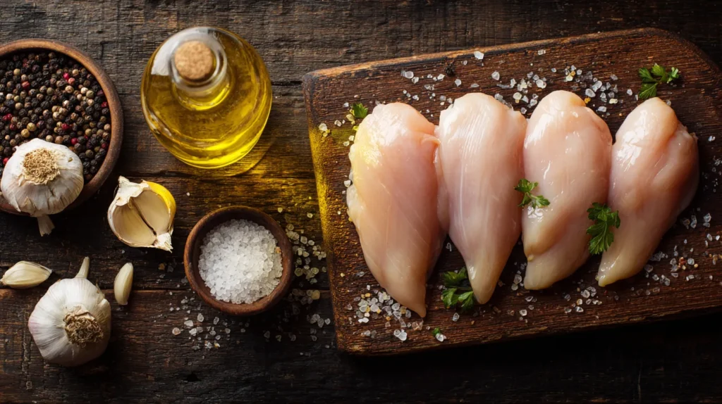 Overhead view of raw poultry, olive oil, and basic spices on wood.