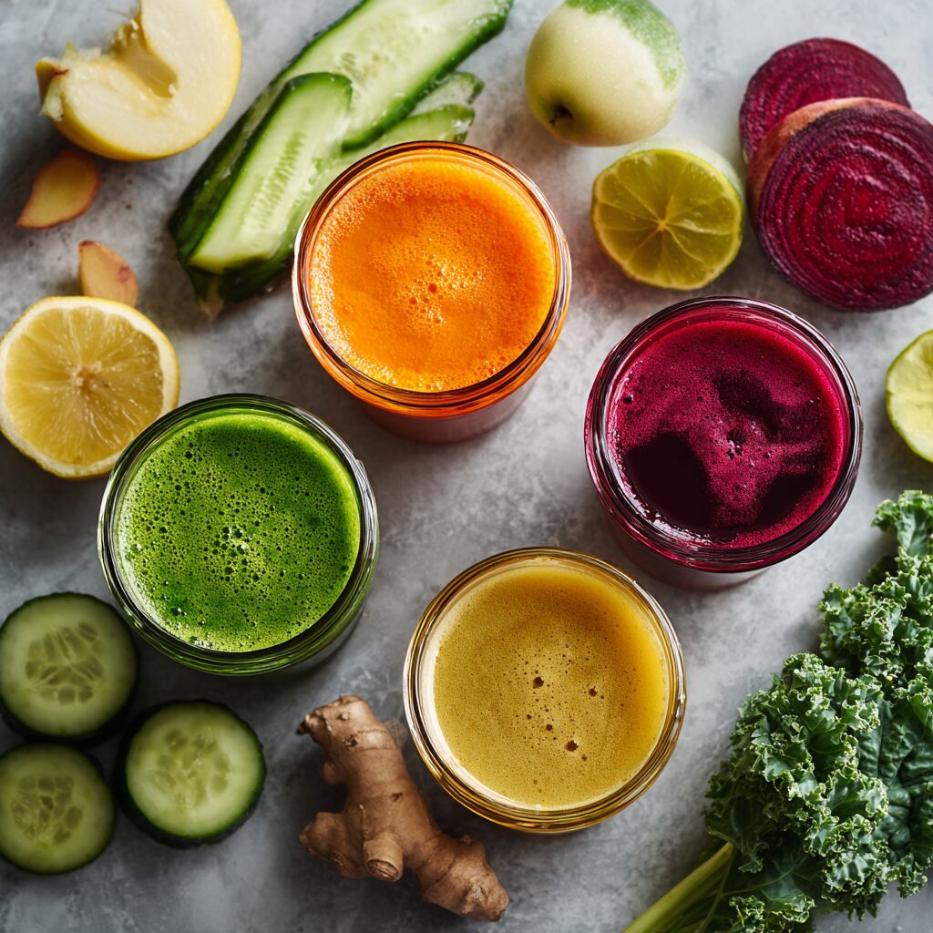 Fresh organic vegetables and fruits laid out for green juicing recipes.