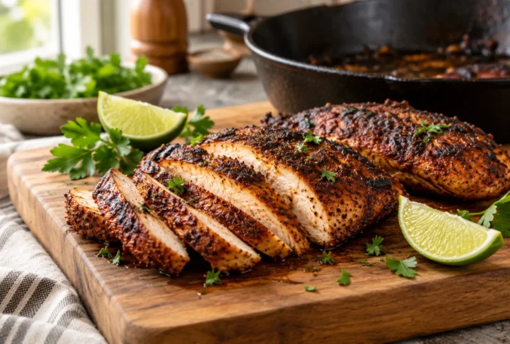 Blackened chicken recipe – sliced chicken with a dark spice crust