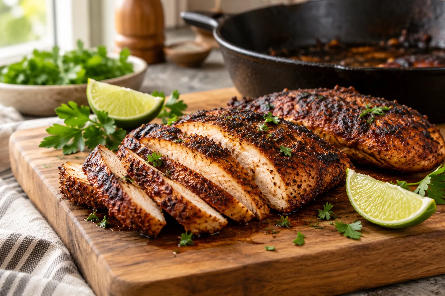 Blackened chicken recipe – sliced chicken with a dark spice crust