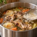 Chicken bone broth – jars of golden broth and gelled spoonful