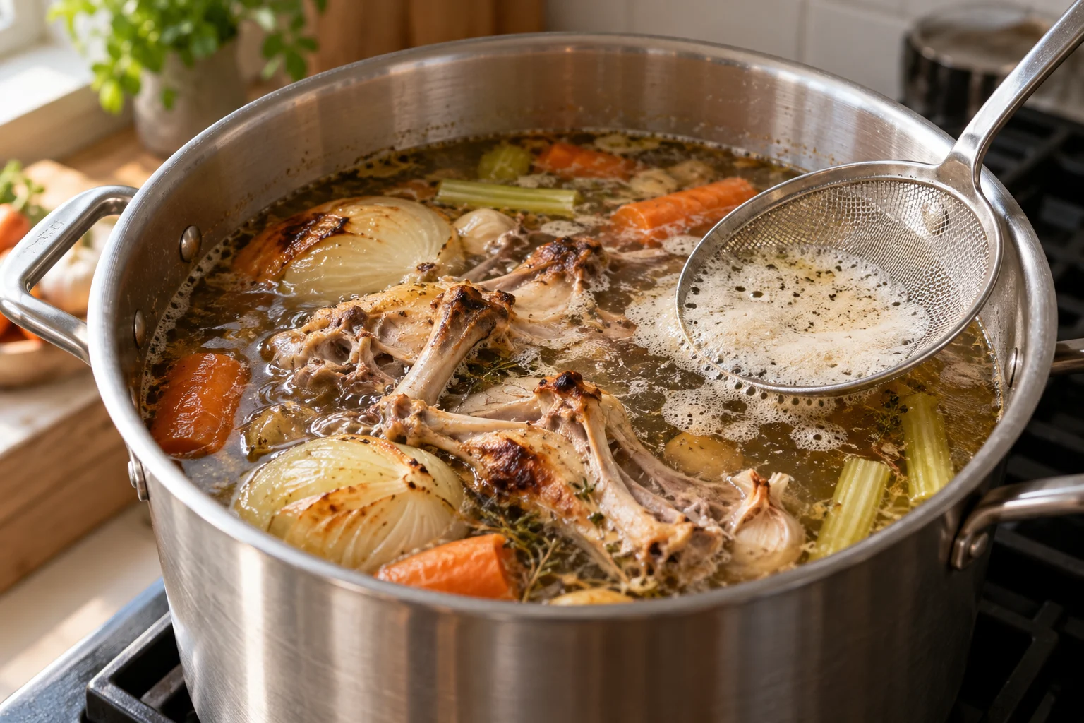 Chicken bone broth – jars of golden broth and gelled spoonful