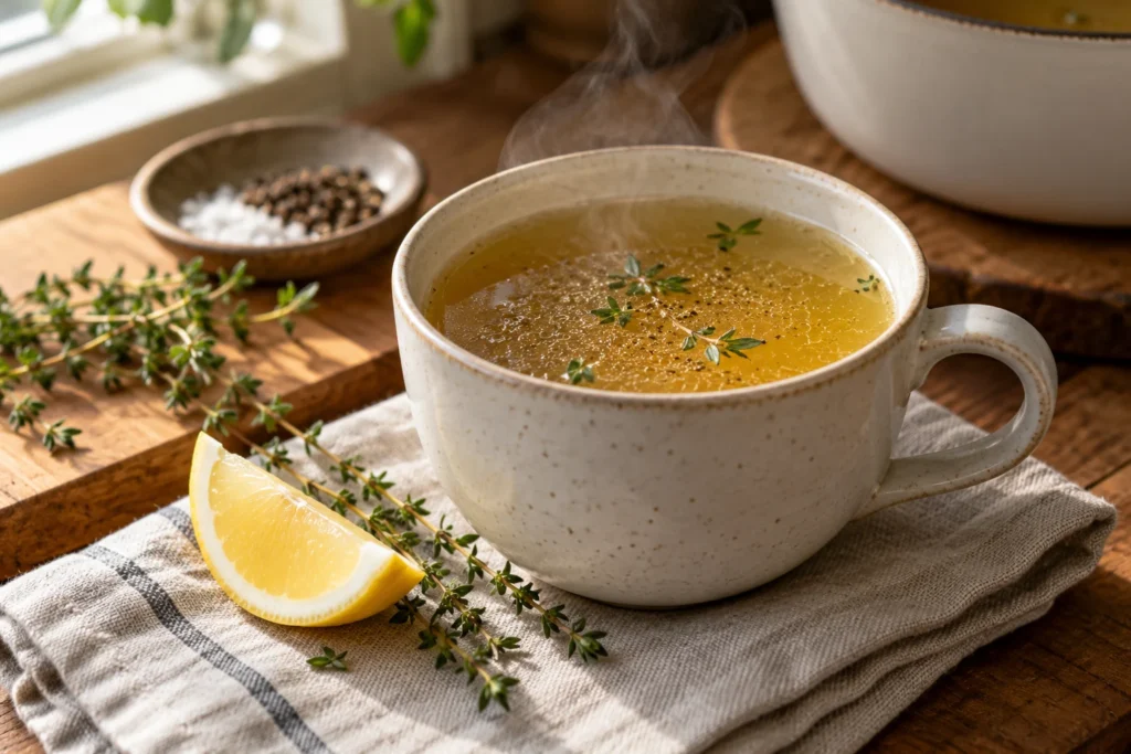 Chicken bone broth – mug of broth with lemon and thyme
