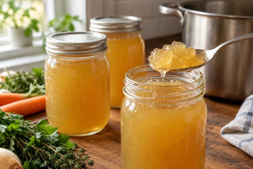 Chicken bone broth – skimming the simmering pot of roasted bones