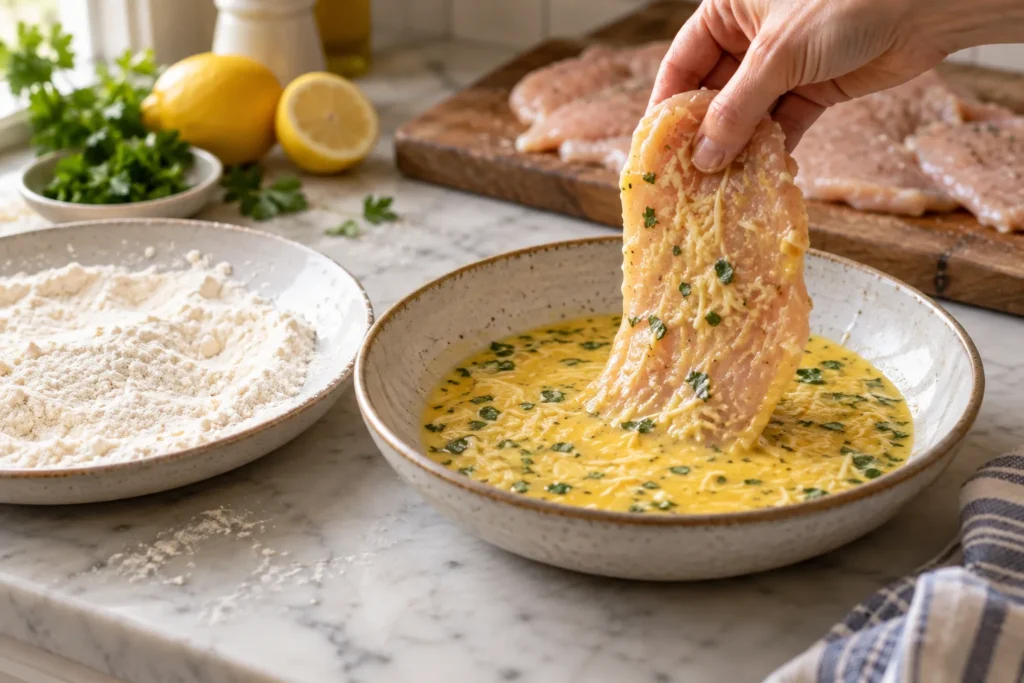Chicken Francese Recipe: Dipping a floured cutlet in egg Chicken francese recipe – dipping a floured cutlet in egg