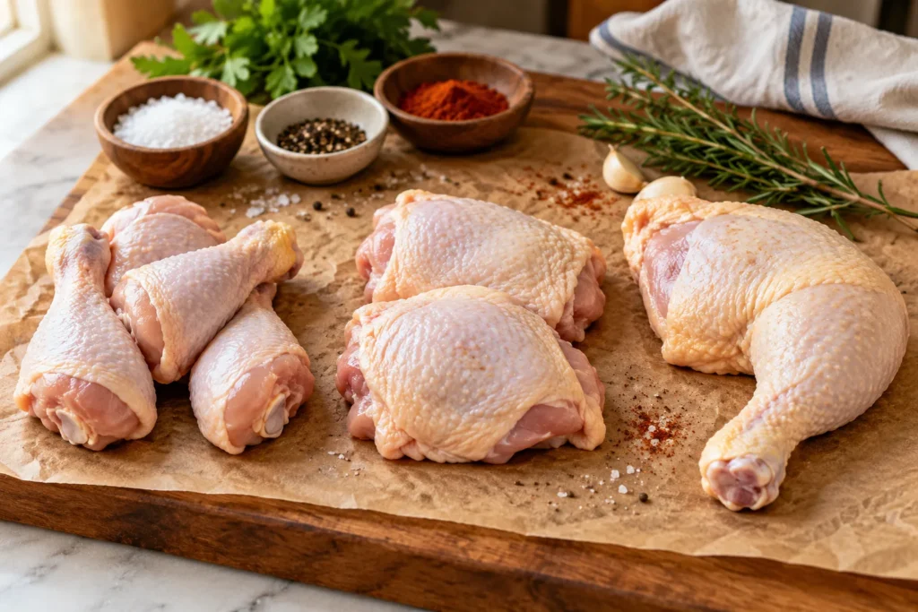 Chicken leg dishes – drumsticks, thighs and a leg quarter compared