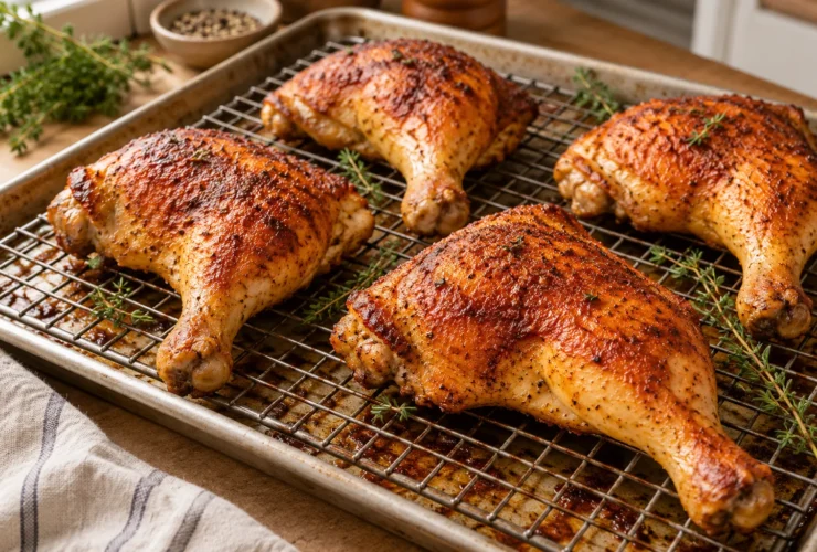 Chicken leg quarters – four crispy quarters on a wire rack