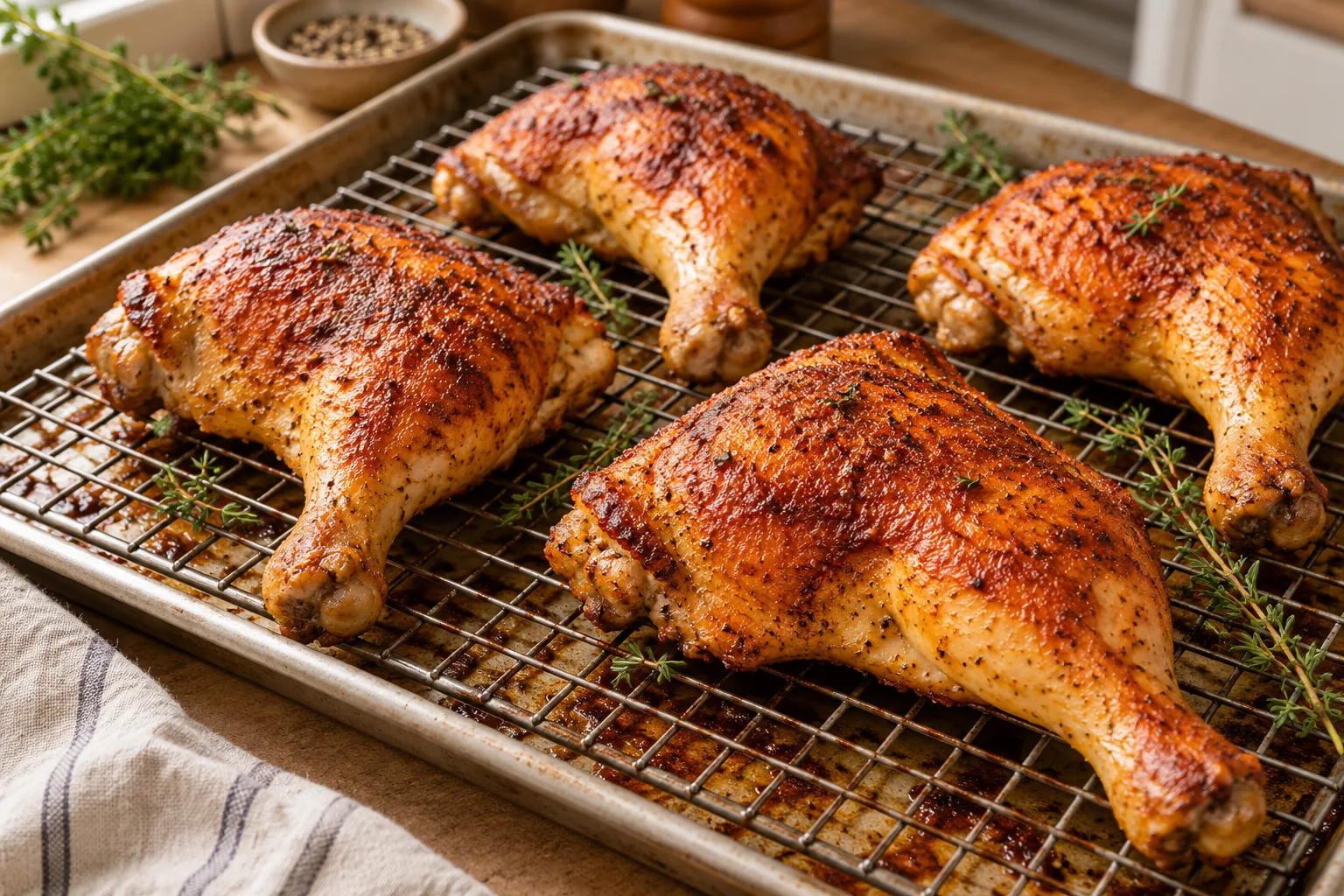 Chicken leg quarters – four crispy quarters on a wire rack