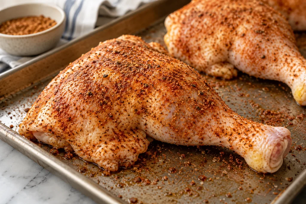 Chicken leg quarters – seasoned quarters before baking
