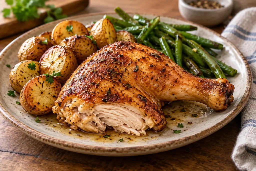 Chicken leg quarters – served with roasted potatoes and green beans