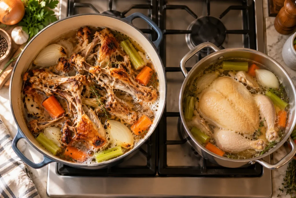 Chicken Stock Vs Broth: Bones simmering for stock and chicken for broth Chicken stock vs broth – bones simmering for stock and chicken for broth