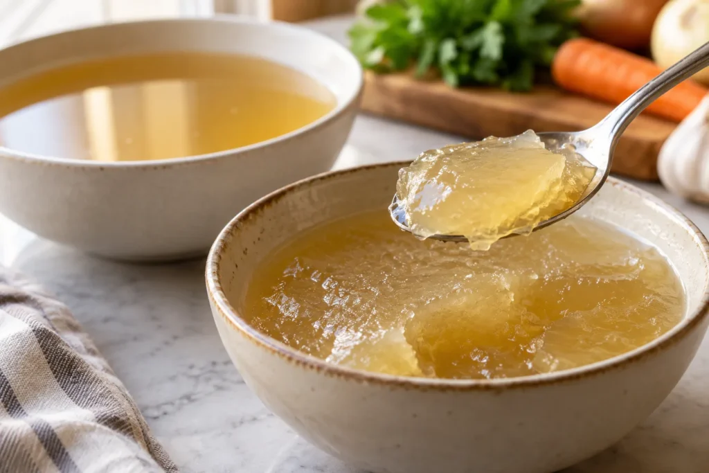 Chicken Stock Vs Broth: Chilled stock showing a soft gel Chicken stock vs broth – chilled stock showing a soft gel