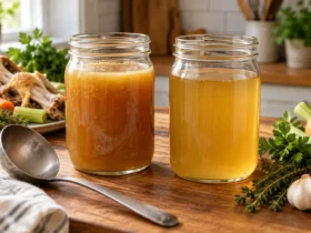 Chicken stock vs broth – jar of stock beside a jar of broth