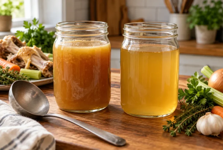 Chicken stock vs broth – jar of stock beside a jar of broth