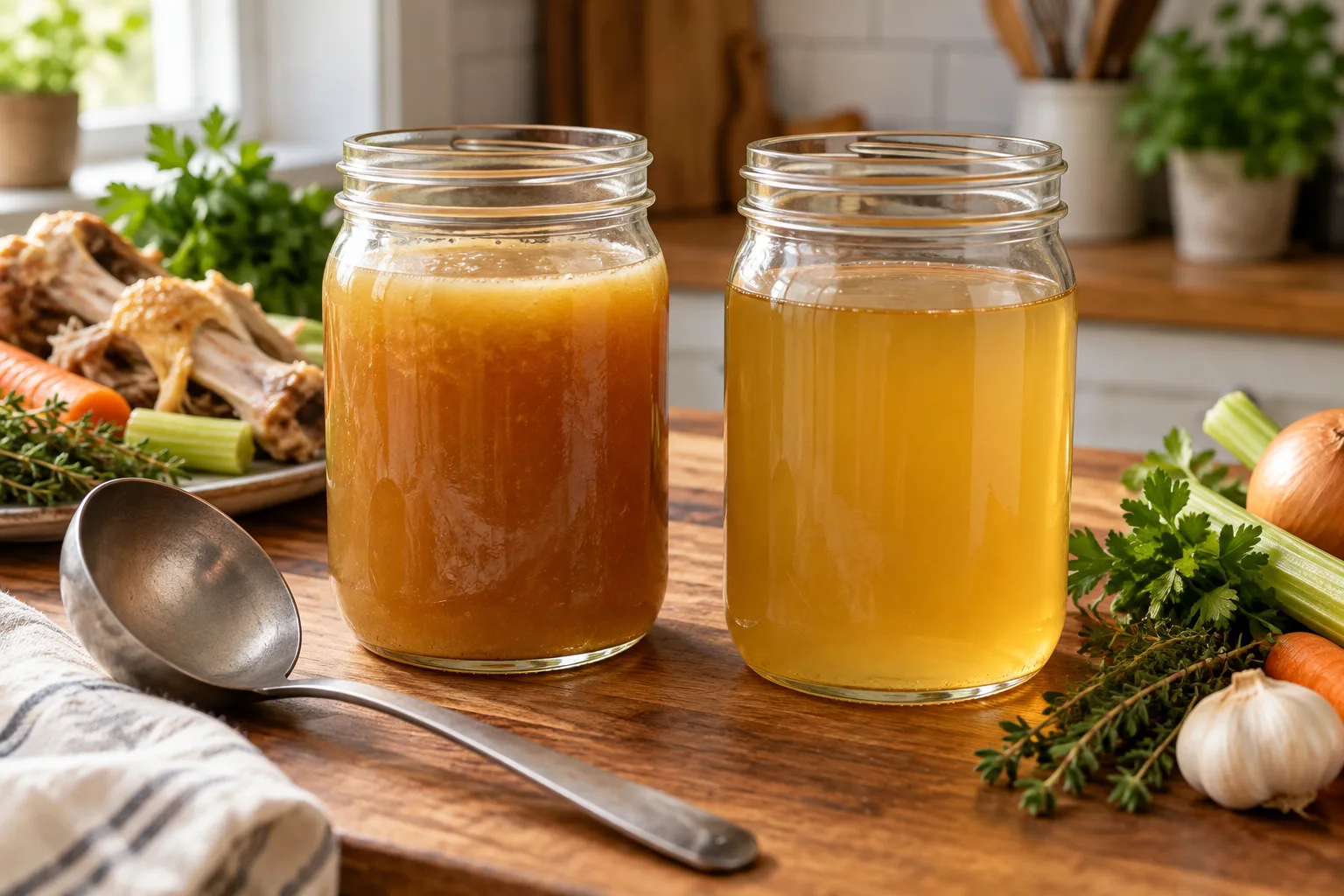 Chicken stock vs broth – jar of stock beside a jar of broth