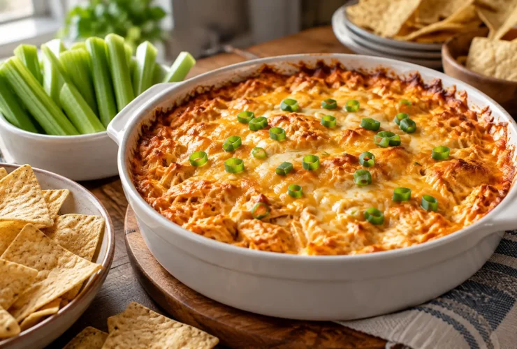 Frank's buffalo chicken dip – baked dip with celery and chips