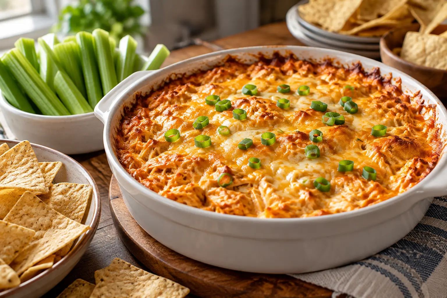 Frank's buffalo chicken dip – baked dip with celery and chips