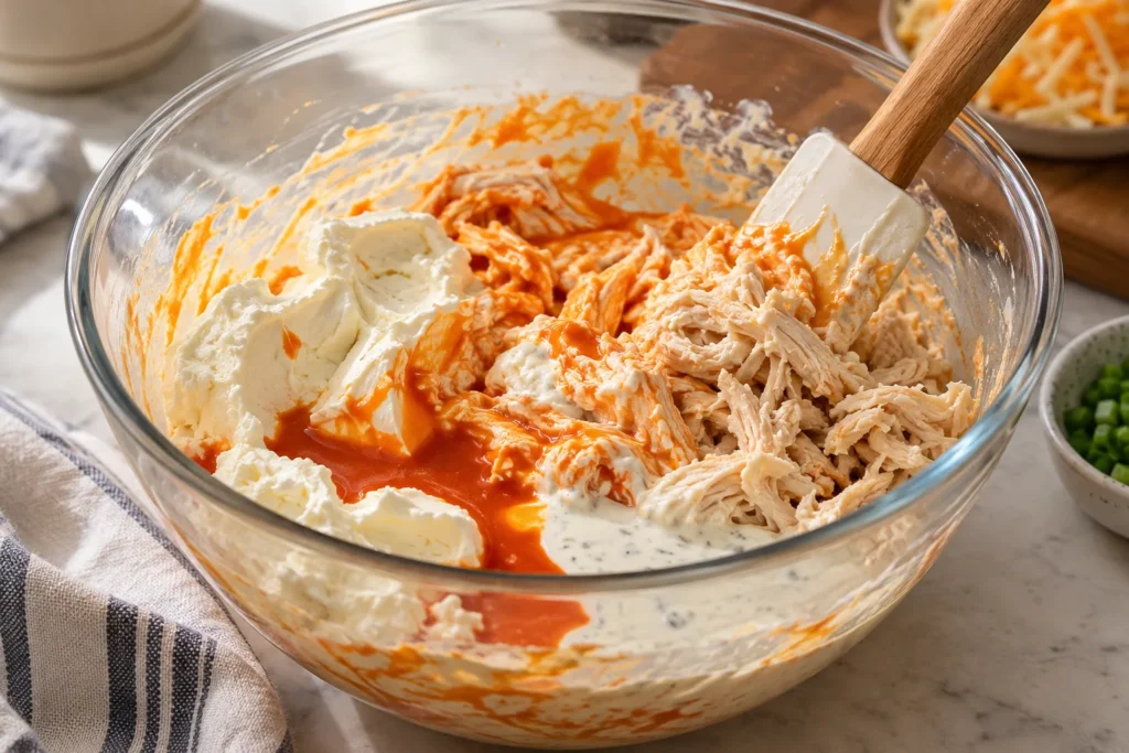 Frank's buffalo chicken dip – folding shredded chicken into the sauce