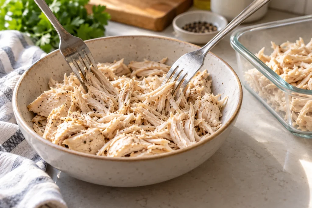How Long To Boil Chicken Breast: Shredded chicken pulled with two forks How long to boil chicken breast – shredded chicken pulled with two forks