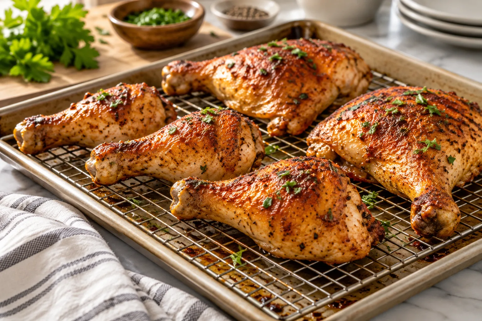 How long to cook chicken legs in oven – crispy baked drumsticks and leg quarters on a rack