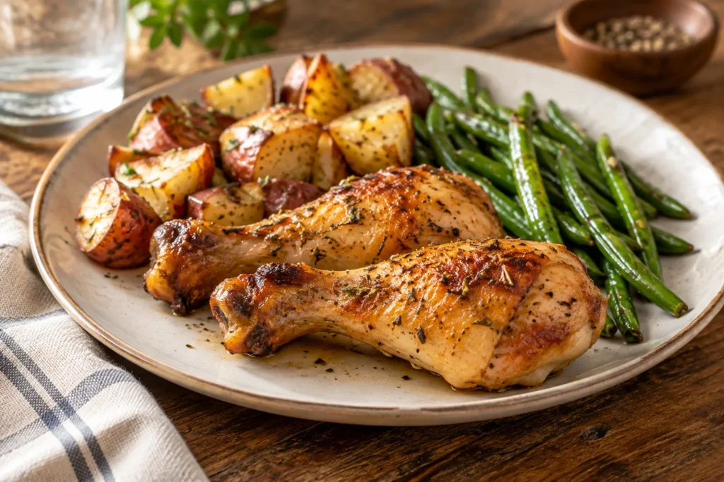 How long to cook chicken legs in oven – drumsticks served with potatoes and green beans
